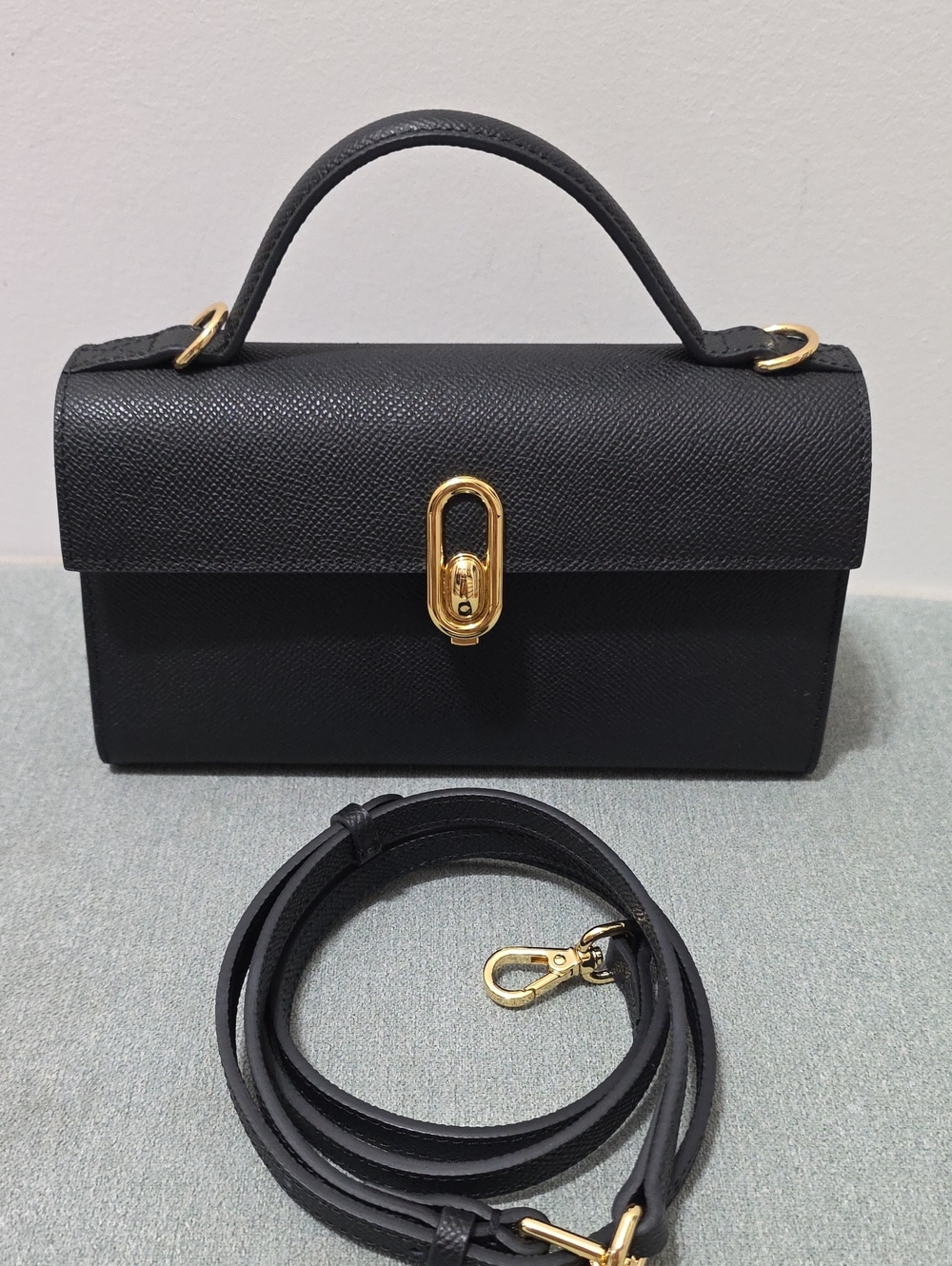 Black Structured Top-Handle Bag with Gold Hardware